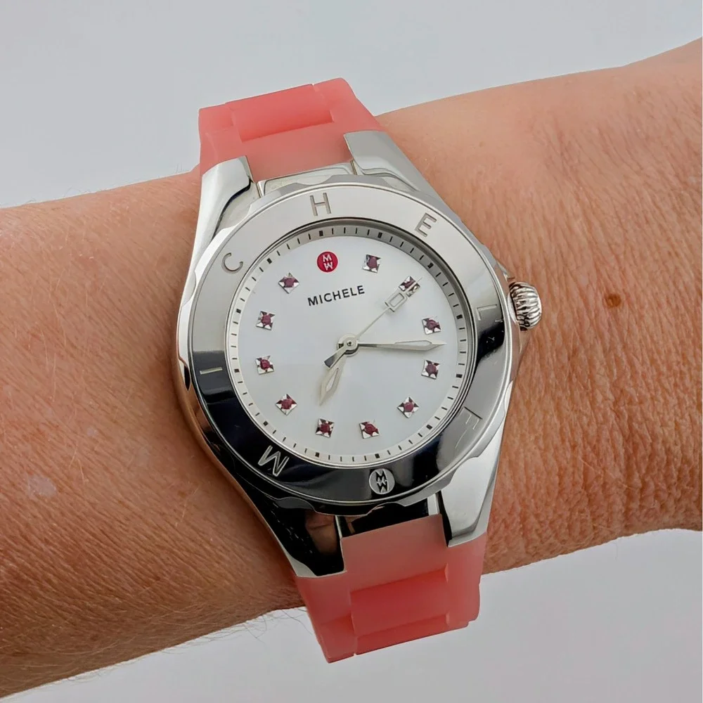 Michele Tahitian Jelly Bean Watch Women Pink Topaz Markers Pink Rubber Strap